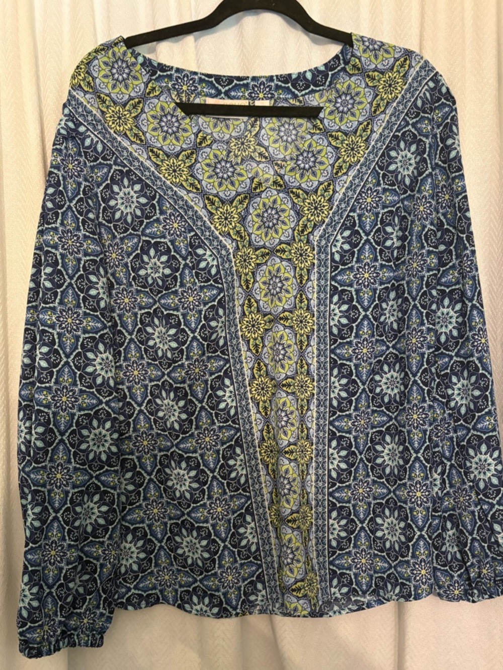 Boho Medallion Print Blouse in Navy & Lime